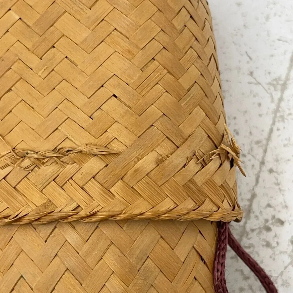 Handmade Woven Bag Backpack Vintage Basket Tan Bamboo With Lid & Chinese Coin